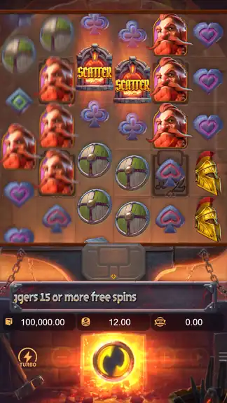 Forge of Wealth session start spin 1 balance 100,000.00 at $12.00 stake - two Scatter symbols visible on 6x5 grid