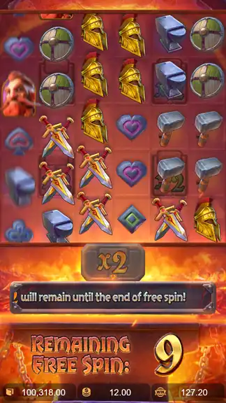 Forge of Wealth spin 1318 balance 100,318.00 Free Spins round 9 remaining x2 carry-over multiplier WIN 127.20