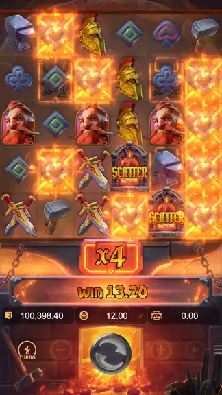 Forge of Wealth base-game cluster win with an active x4 Multiplier Slot and two Scatter symbols on screen (three are needed to trigger Free Spins), WIN 13.20, balance 100,398.40 at $12.00 stake
